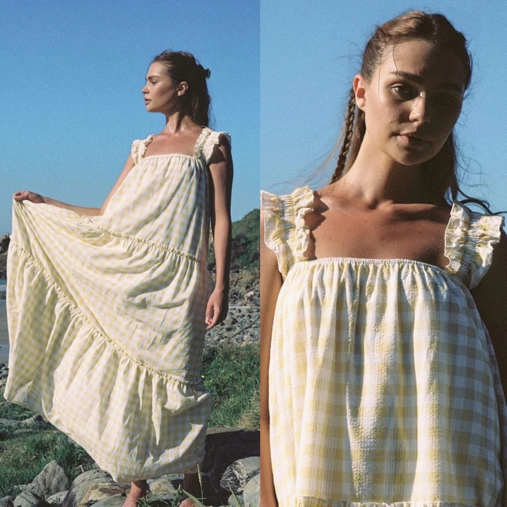 NWT Charlie Holiday Lottie Gingham Maxi Dress in Yellow and White M